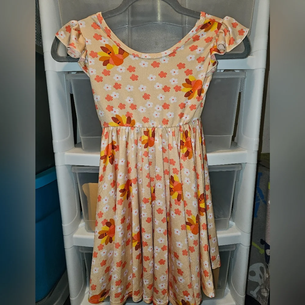Dot Dot Smile Dress Girl's 5/6 Orange Turkey Flowers Empire Waist